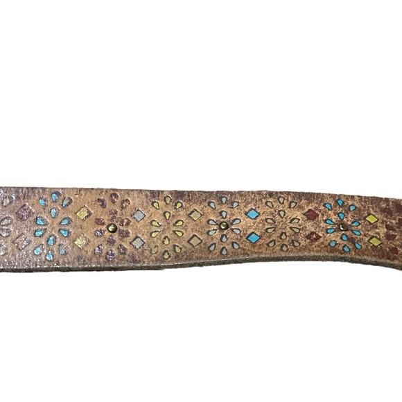 Fossil Womens Size Large Belt Tooled Leather Western Boho Brown 43” - Picture 9 of 10